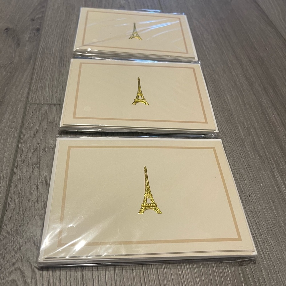 17pc Cream & Gold Eiffel Tower Folded Note Cards w/ Envelopes 3 packs
